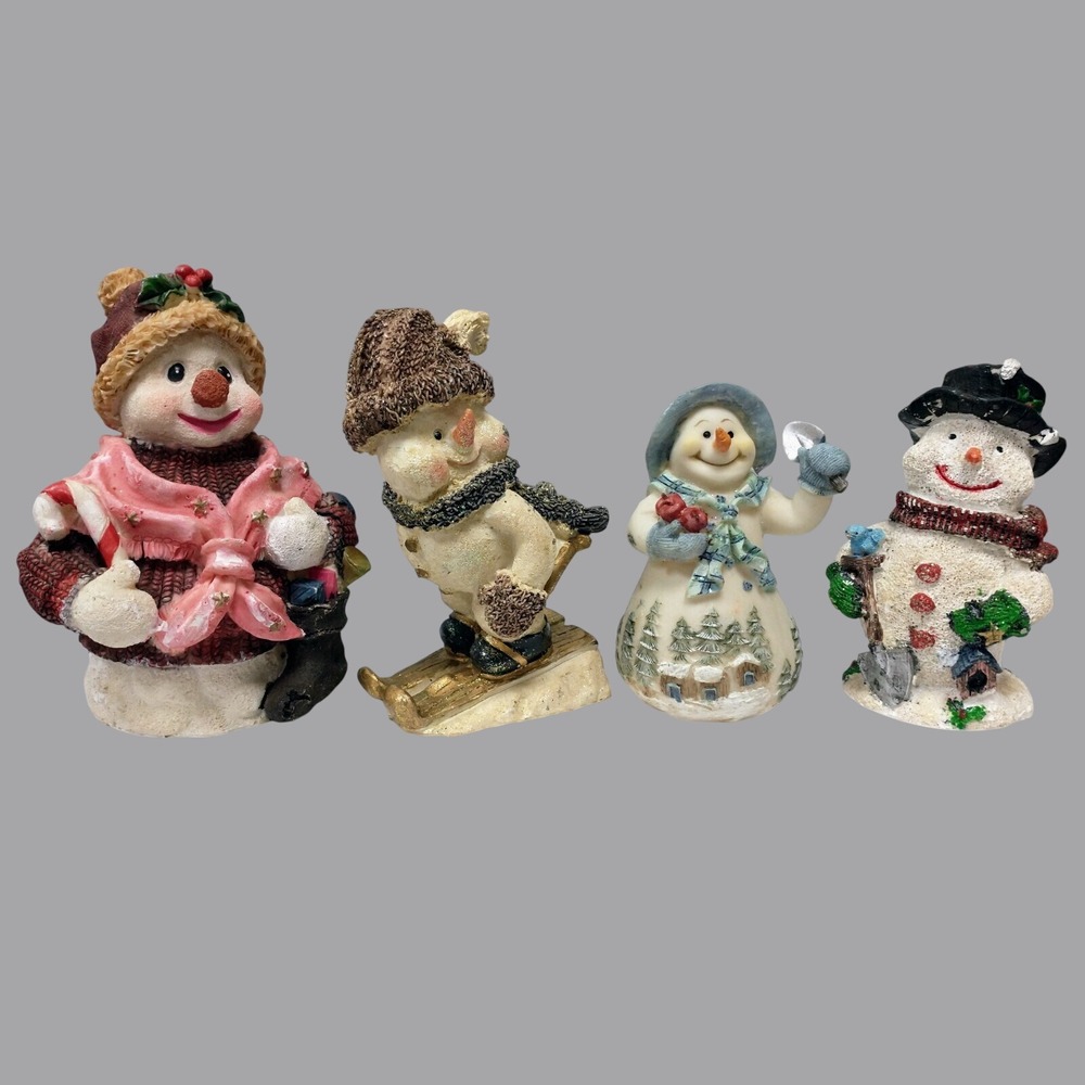 Vintage Hand Painted Snowman Figurine Set of 4 Winter Christmas Decor Glitter